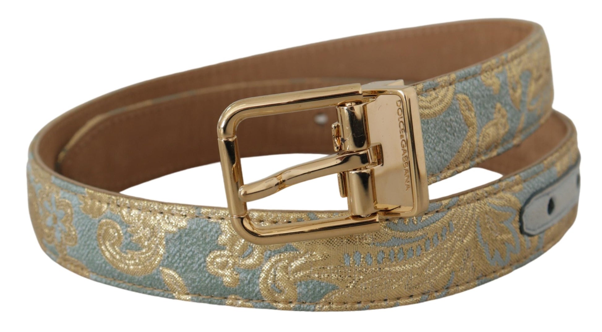 Dolce & Gabbana Blue Leather Jacquard Embossed Gold Metal Buckle Belt Dolce & Gabbana
