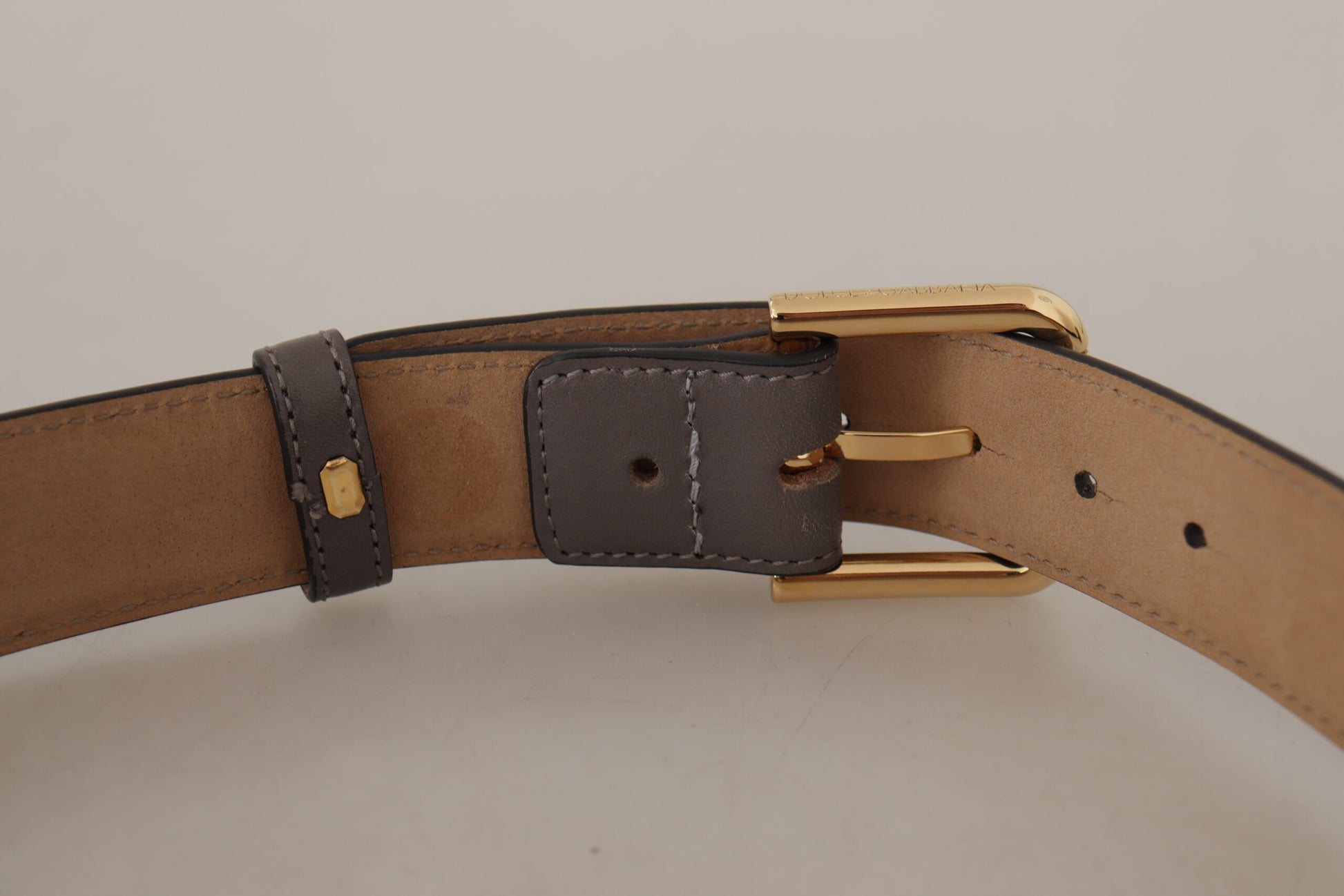Dolce & Gabbana Gray Calfskin Leather Gold Metal Logo Buckle Belt Dolce & Gabbana