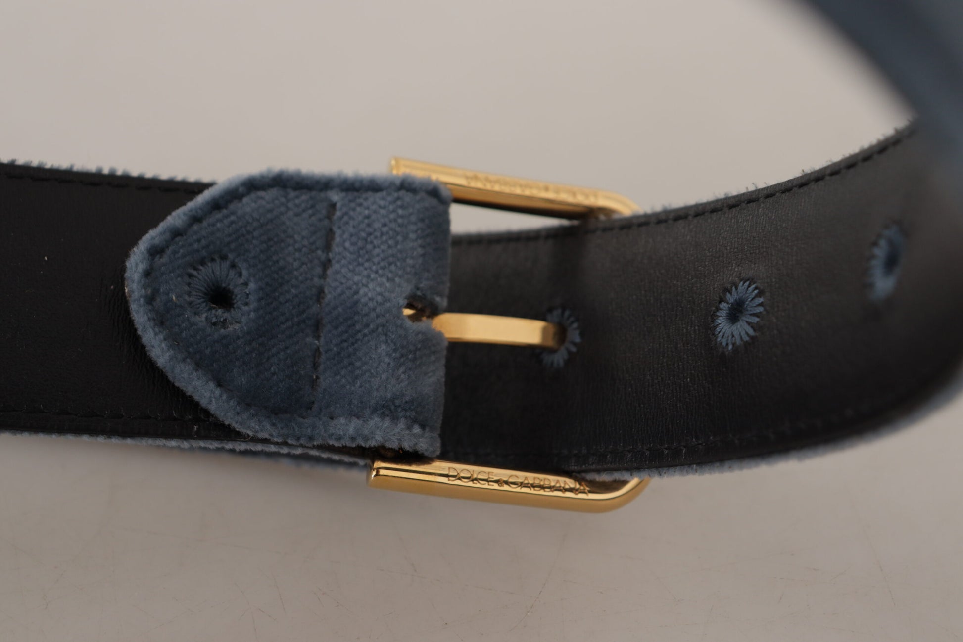 Dolce & Gabbana Navy Blue Velvet Gold Metal Logo Waist Buckle Belt Dolce & Gabbana