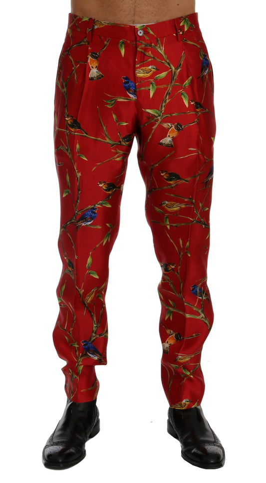 Dolce & Gabbana Red Silk Bird Print Dress Pants Dolce & Gabbana