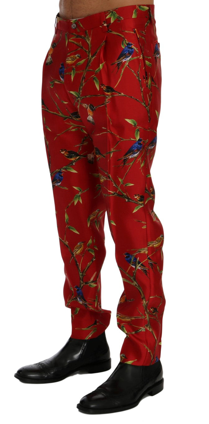 Dolce & Gabbana Red Silk Bird Print Dress Pants Dolce & Gabbana