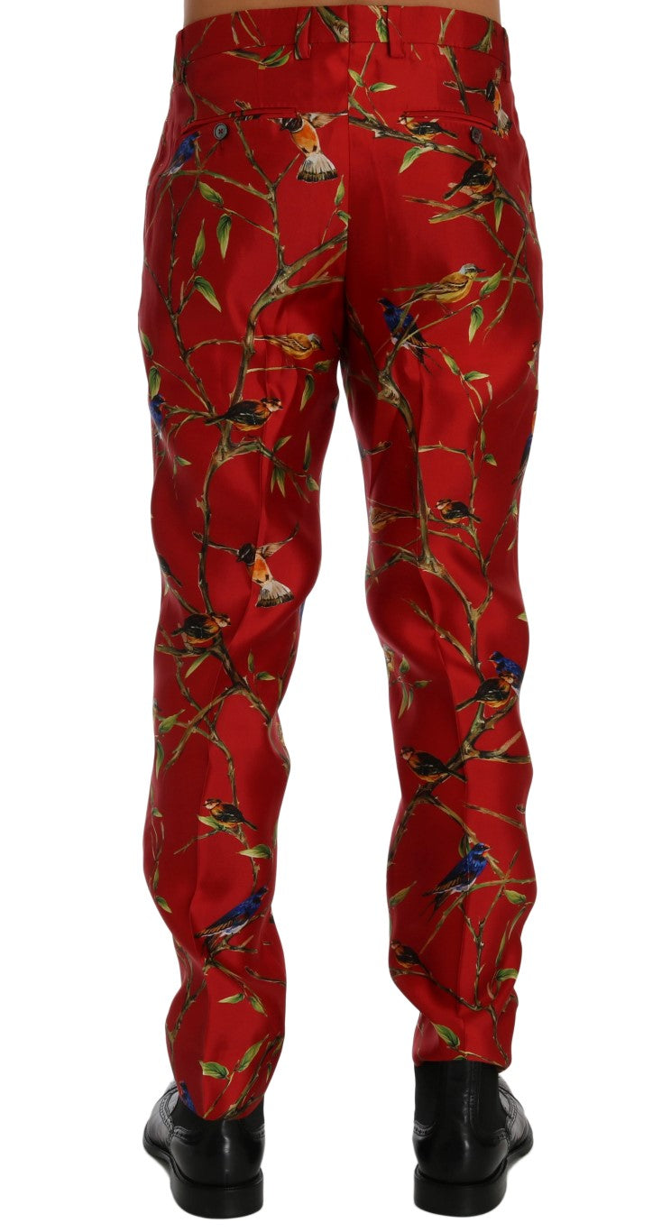 Dolce & Gabbana Red Silk Bird Print Dress Pants Dolce & Gabbana