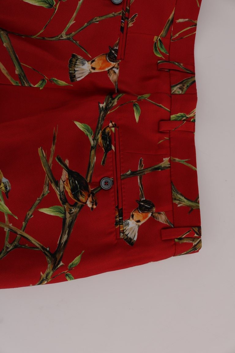 Dolce & Gabbana Red Silk Bird Print Dress Pants Dolce & Gabbana