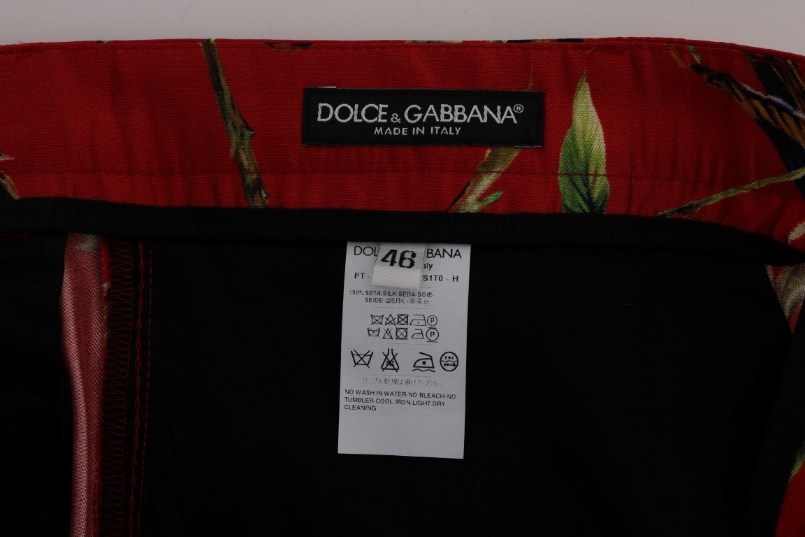 Dolce & Gabbana Red Silk Bird Print Dress Pants Dolce & Gabbana
