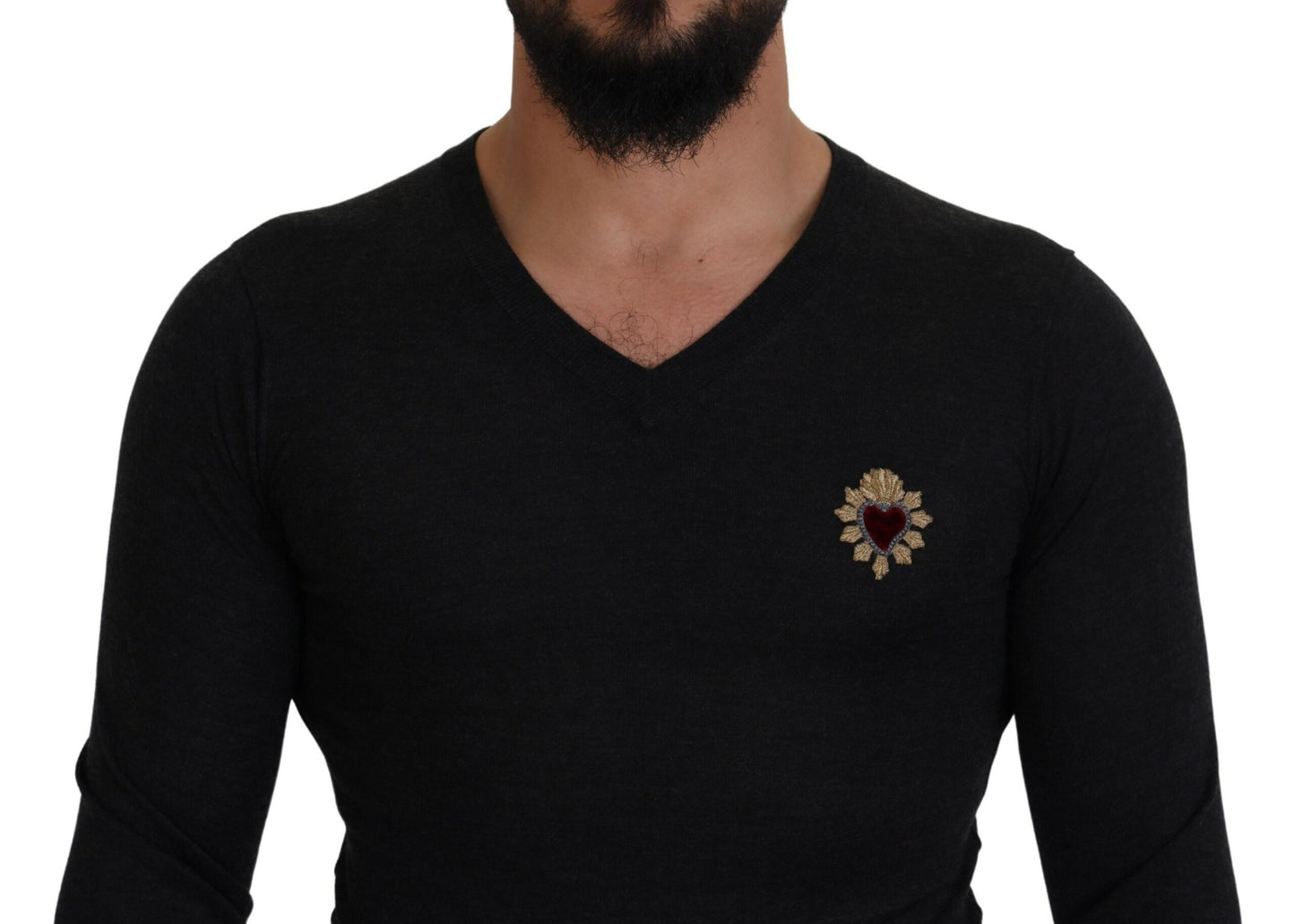 Dolce & Gabbana Gray Cashmere V-neck Gold Heart Sweater Dolce & Gabbana