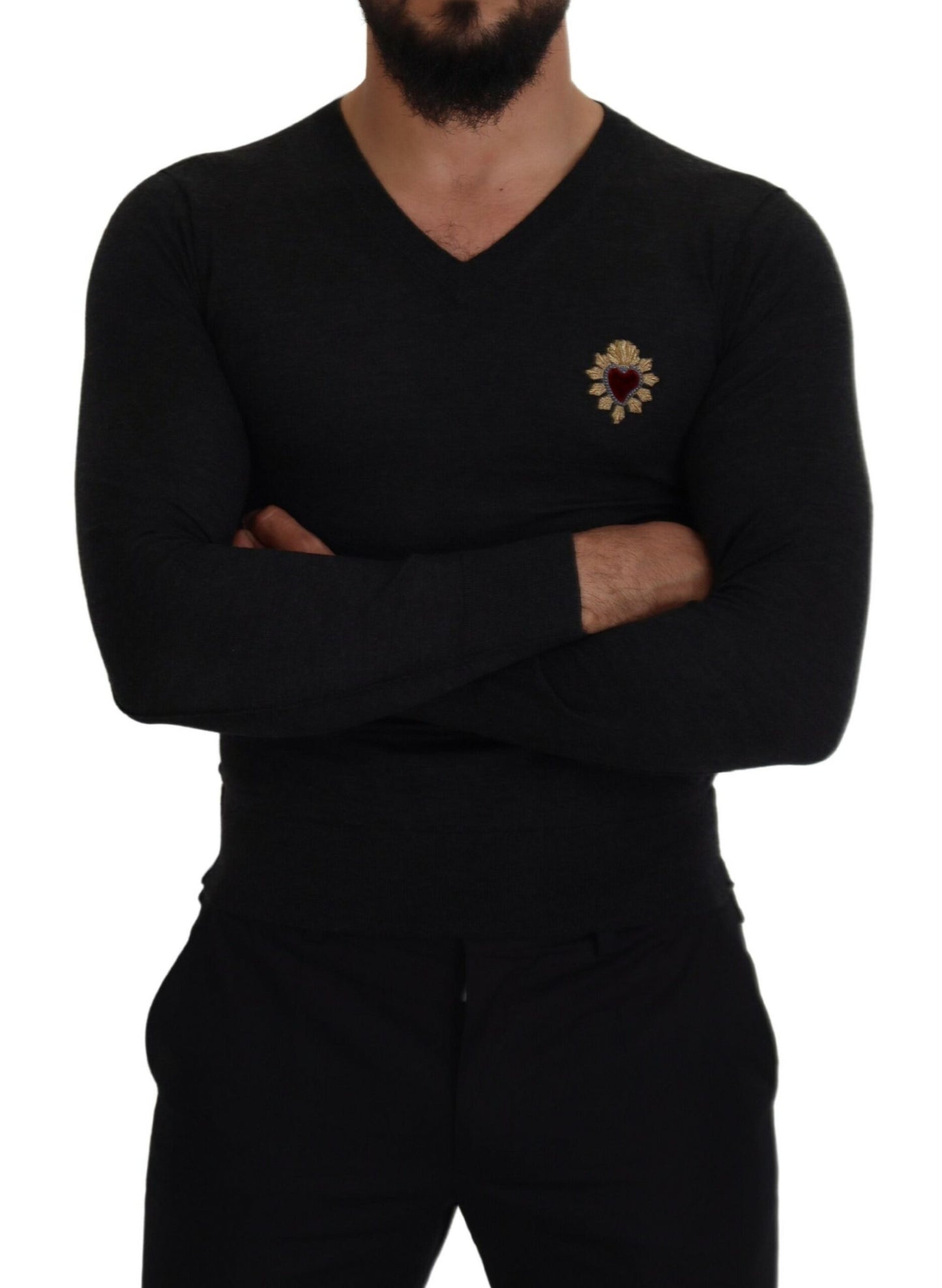 Dolce & Gabbana Gray Cashmere V-neck Gold Heart Sweater Dolce & Gabbana