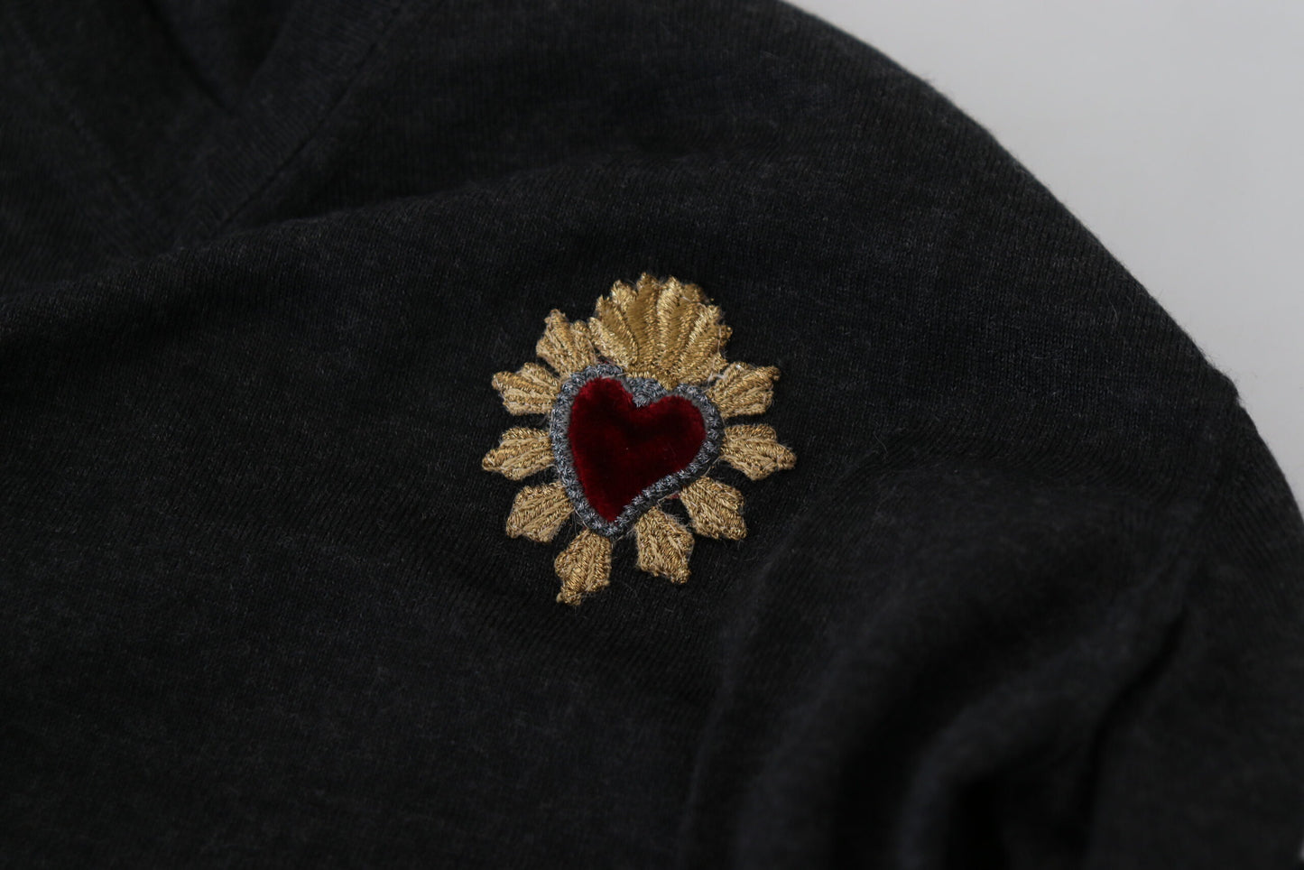 Dolce & Gabbana Gray Cashmere V-neck Gold Heart Sweater Dolce & Gabbana