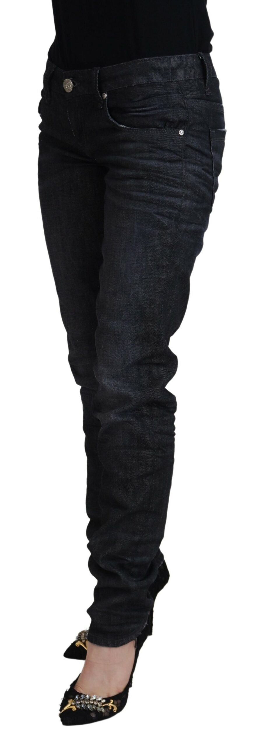 Acht Black Cotton Low Waist Slim Fit Women Casual Denim Jeans Acht