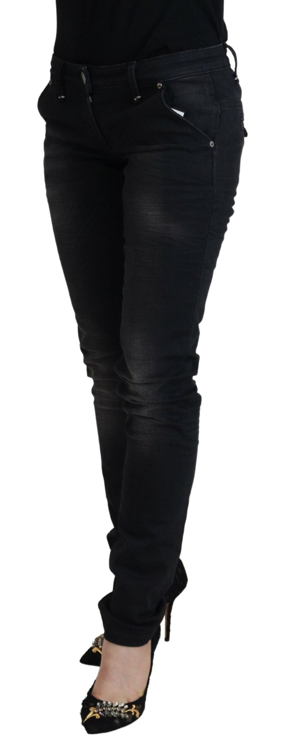 Acht Black Washed Cotton Skinny Women Casual Denim Jeans Acht