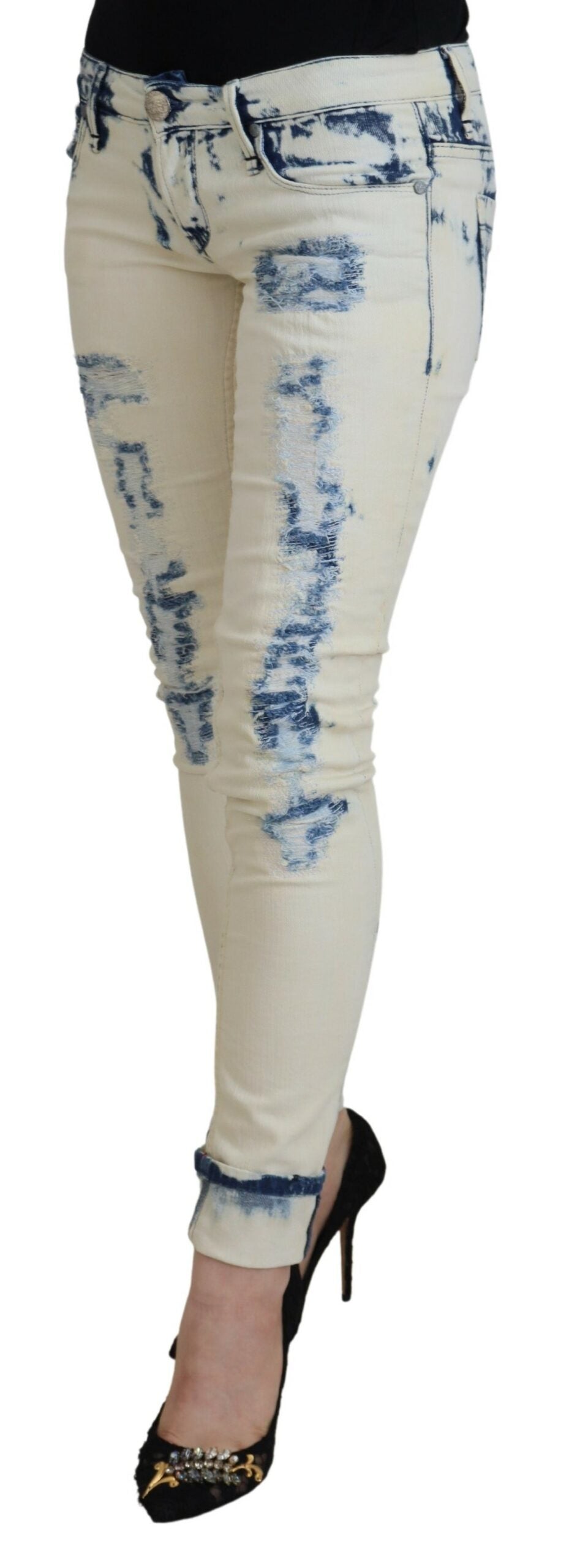 Acht White Blue Cotton Skinny Women Tattered Denim Jeans Acht