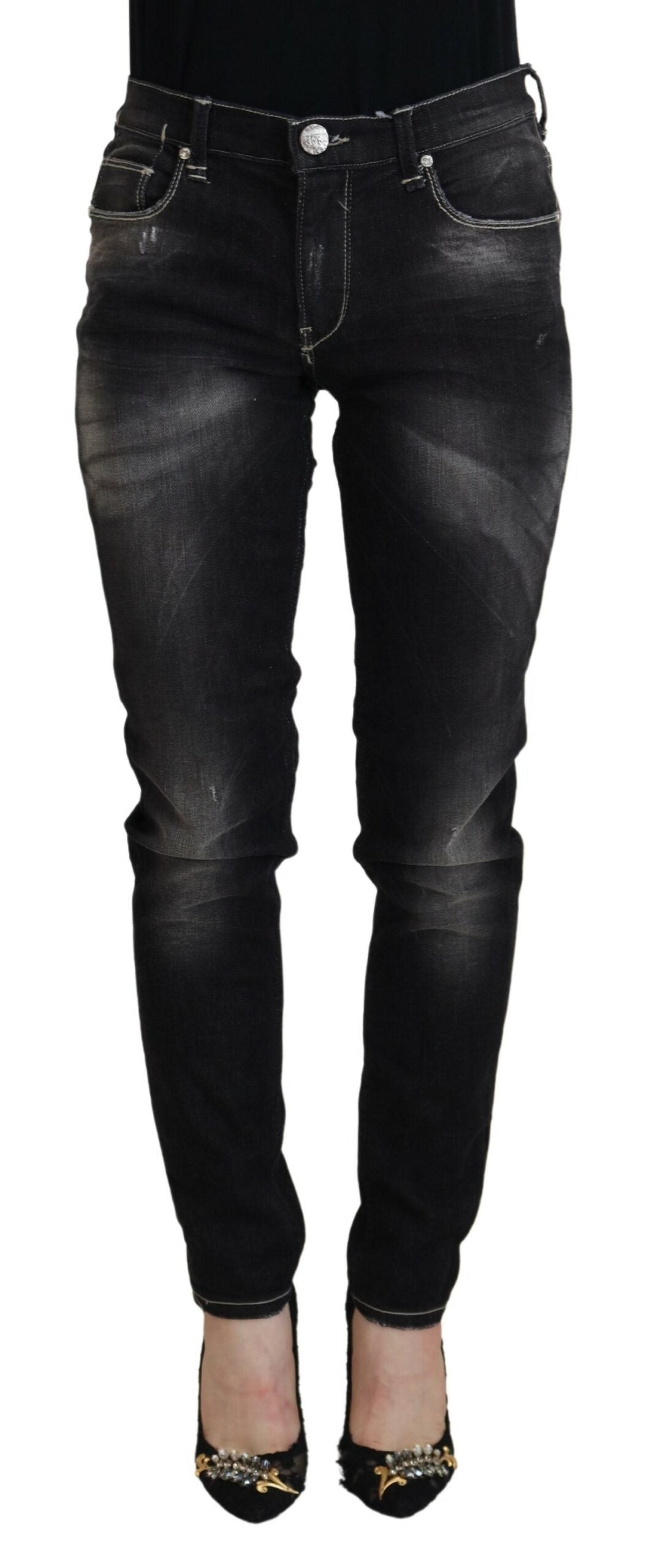 Acht Black Washed Mid Waist Tapered Women Casual Denim Jeans Acht