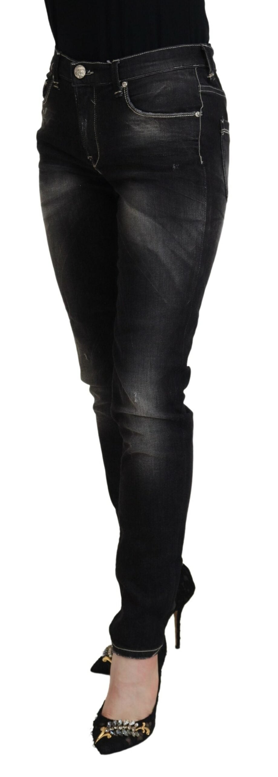 Acht Black Washed Mid Waist Tapered Women Casual Denim Jeans Acht
