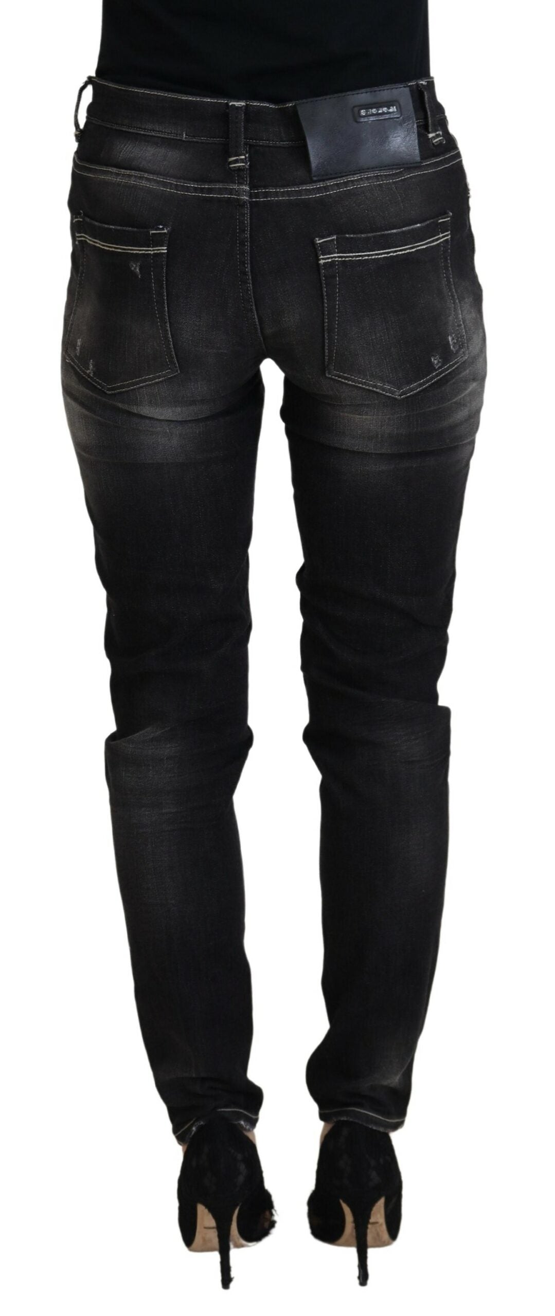 Acht Black Washed Mid Waist Tapered Women Casual Denim Jeans Acht