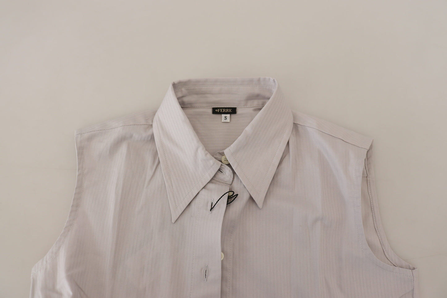 Ferre Light Gray Stripes Cotton Sleeveless Collared Top Ferre