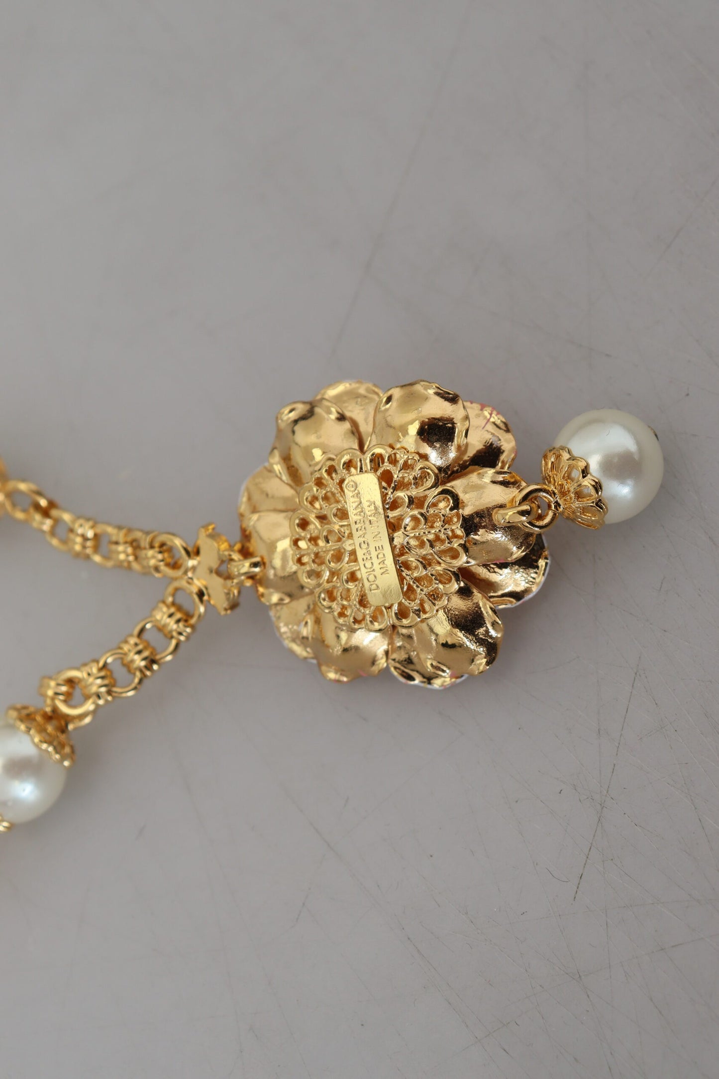 Dolce & Gabbana Gold Tone Floral Crystals Pink Embellished Necklace Dolce & Gabbana