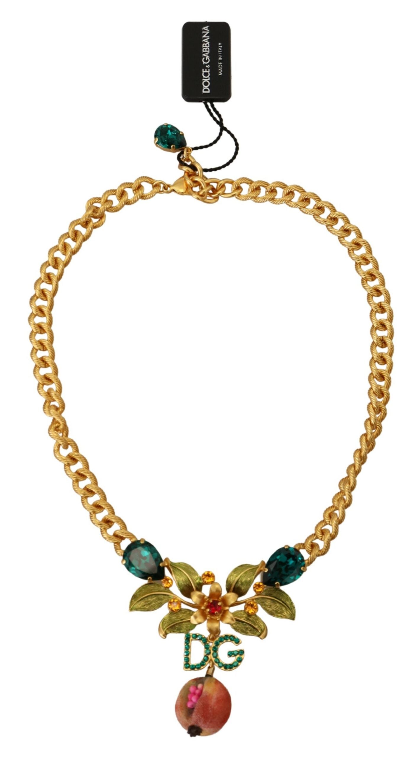 Dolce & Gabbana Gold Brass Crystal Logo Fruit Floral Statement Necklace Dolce & Gabbana