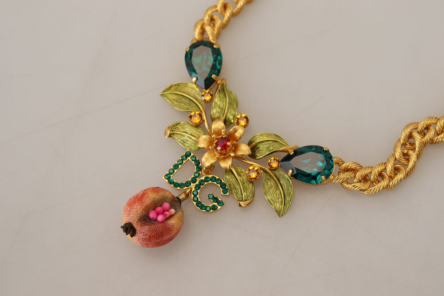 Dolce & Gabbana Gold Brass Crystal Logo Fruit Floral Statement Necklace Dolce & Gabbana