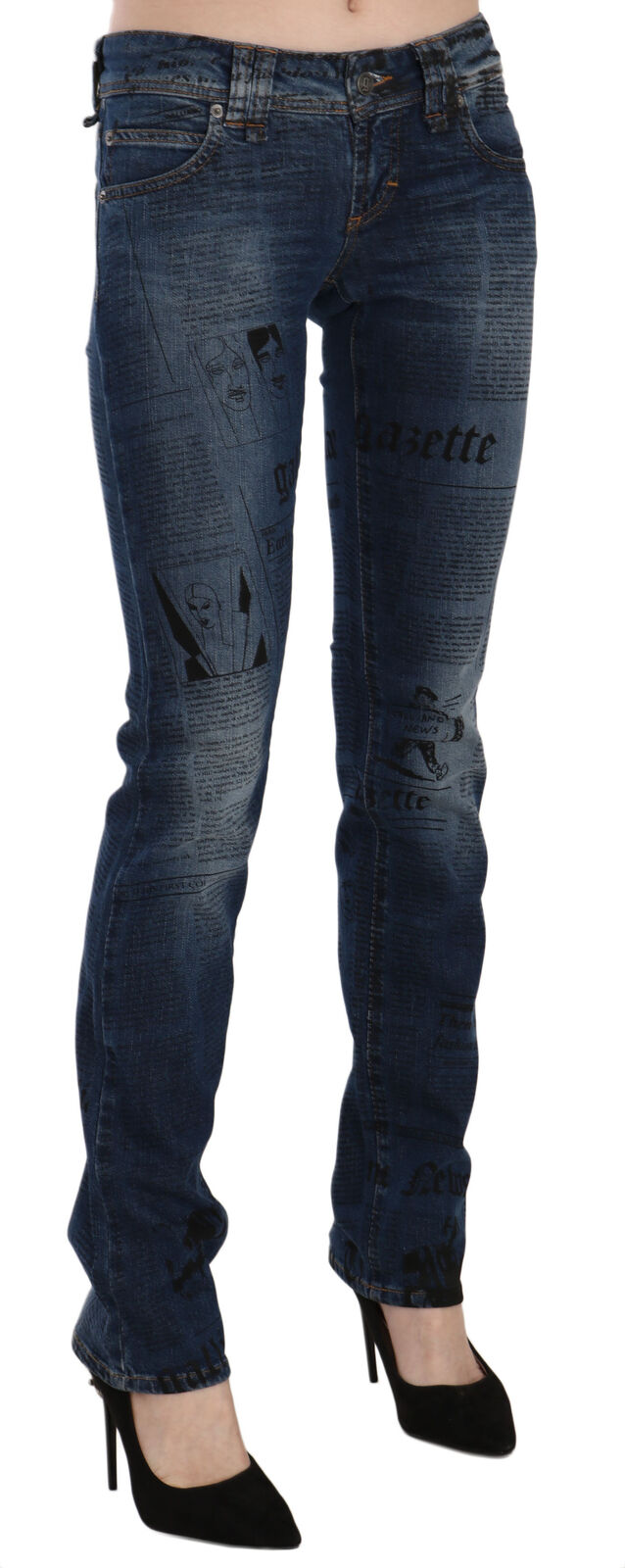 John Galliano Blue Newspaper Print Low Waist Skinny Denim Pants John Galliano