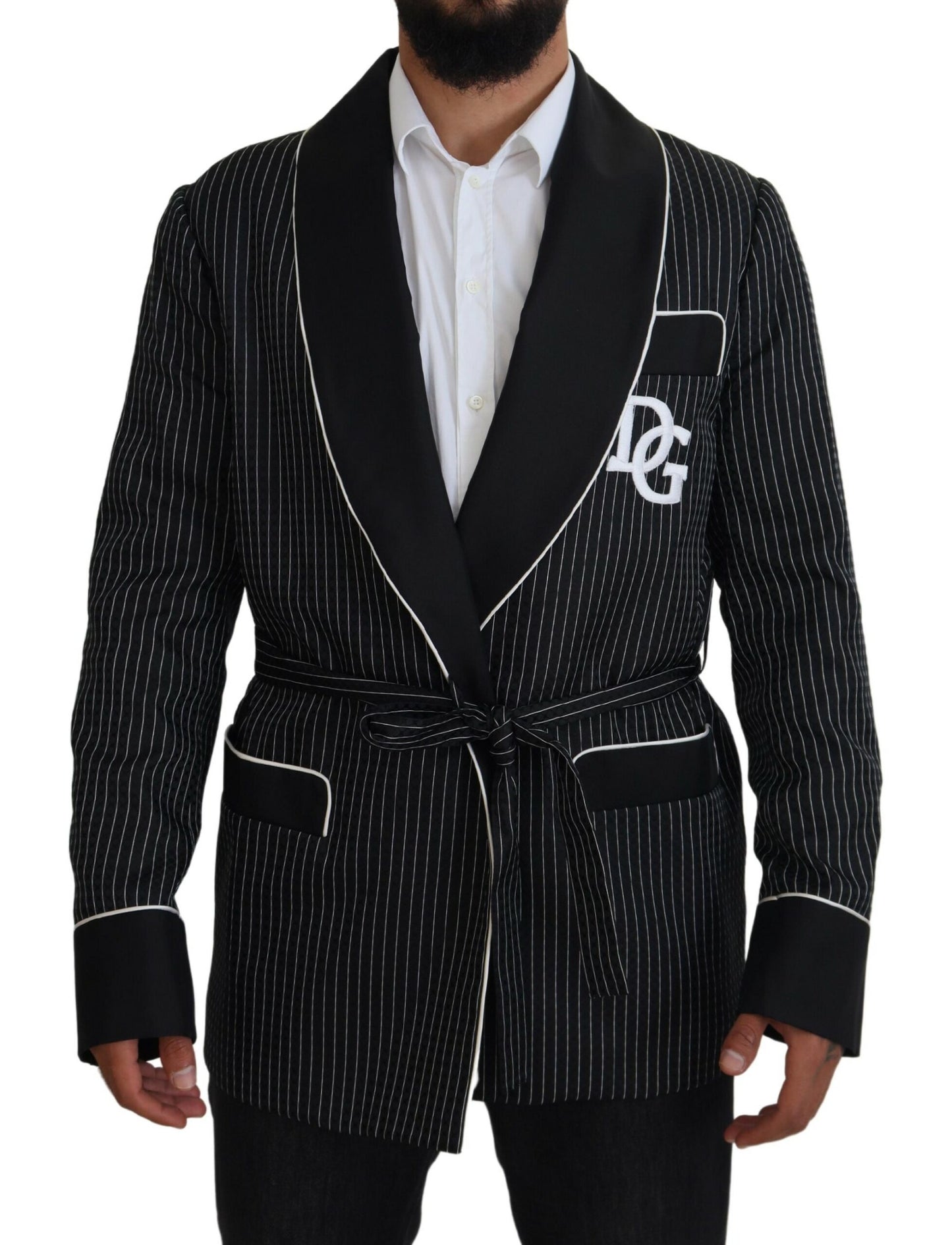Dolce & Gabbana Black Robe Striped DG Patch Jacket Men Blazer Dolce & Gabbana