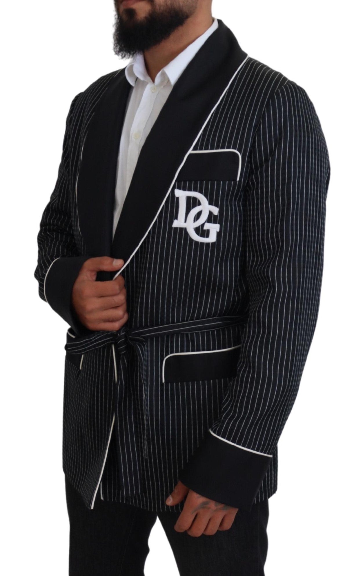 Dolce & Gabbana Black Robe Striped DG Patch Jacket Men Blazer Dolce & Gabbana