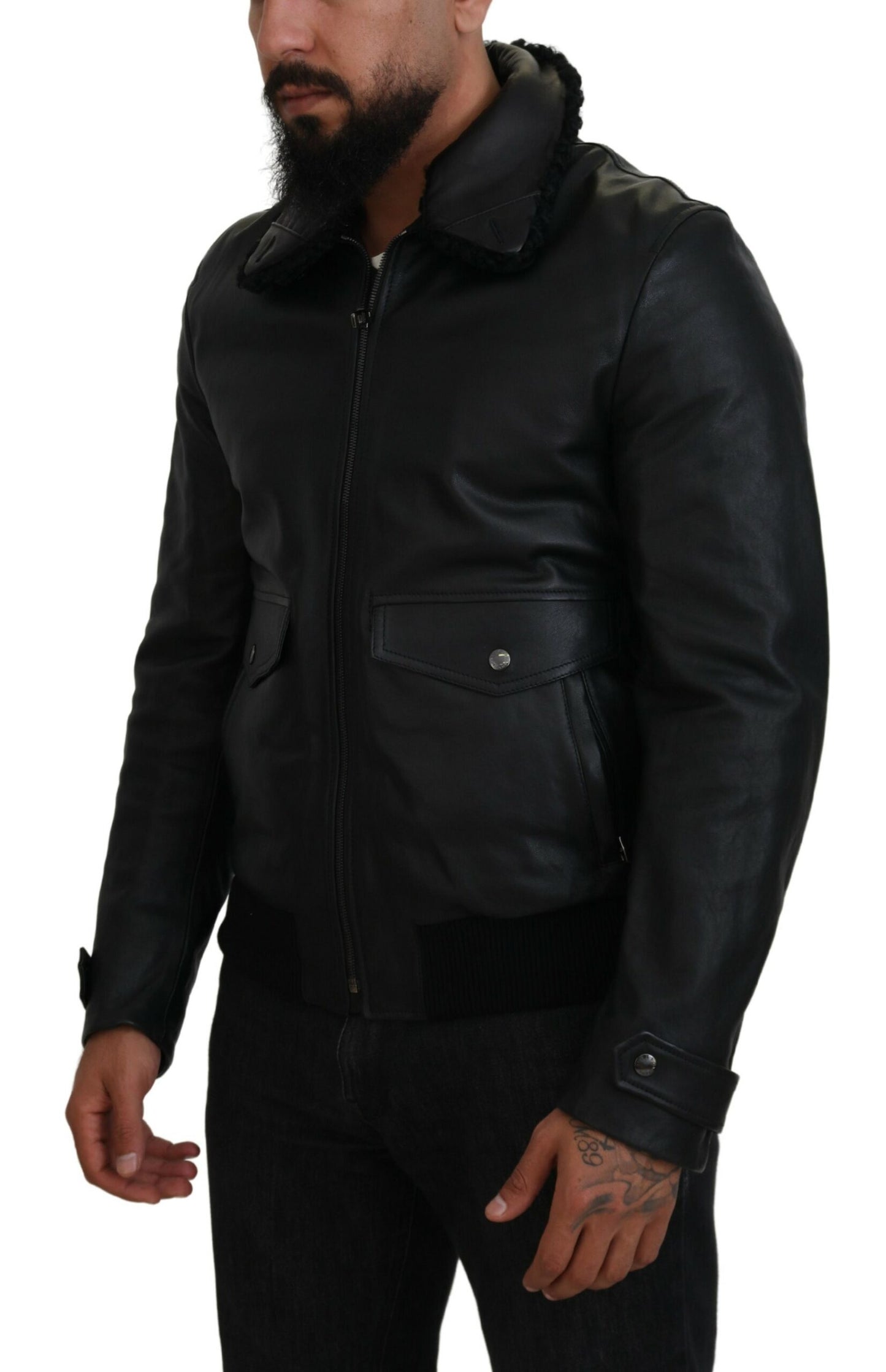 Dolce & Gabbana Black Lamb Leather Collared Men Coat Jacket Dolce & Gabbana