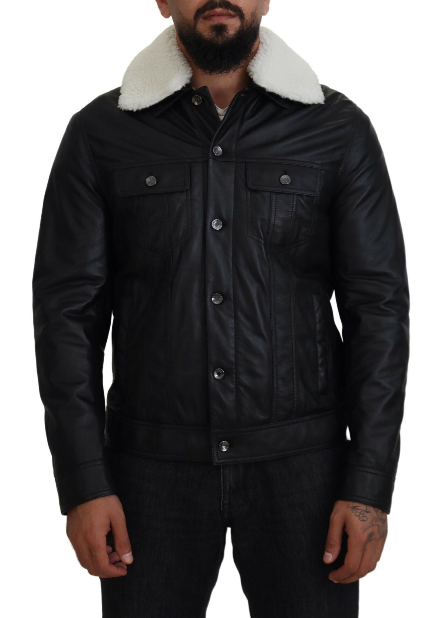 Dolce & Gabbana Black Lamb Leather Collared Men Coat Jacket Dolce & Gabbana