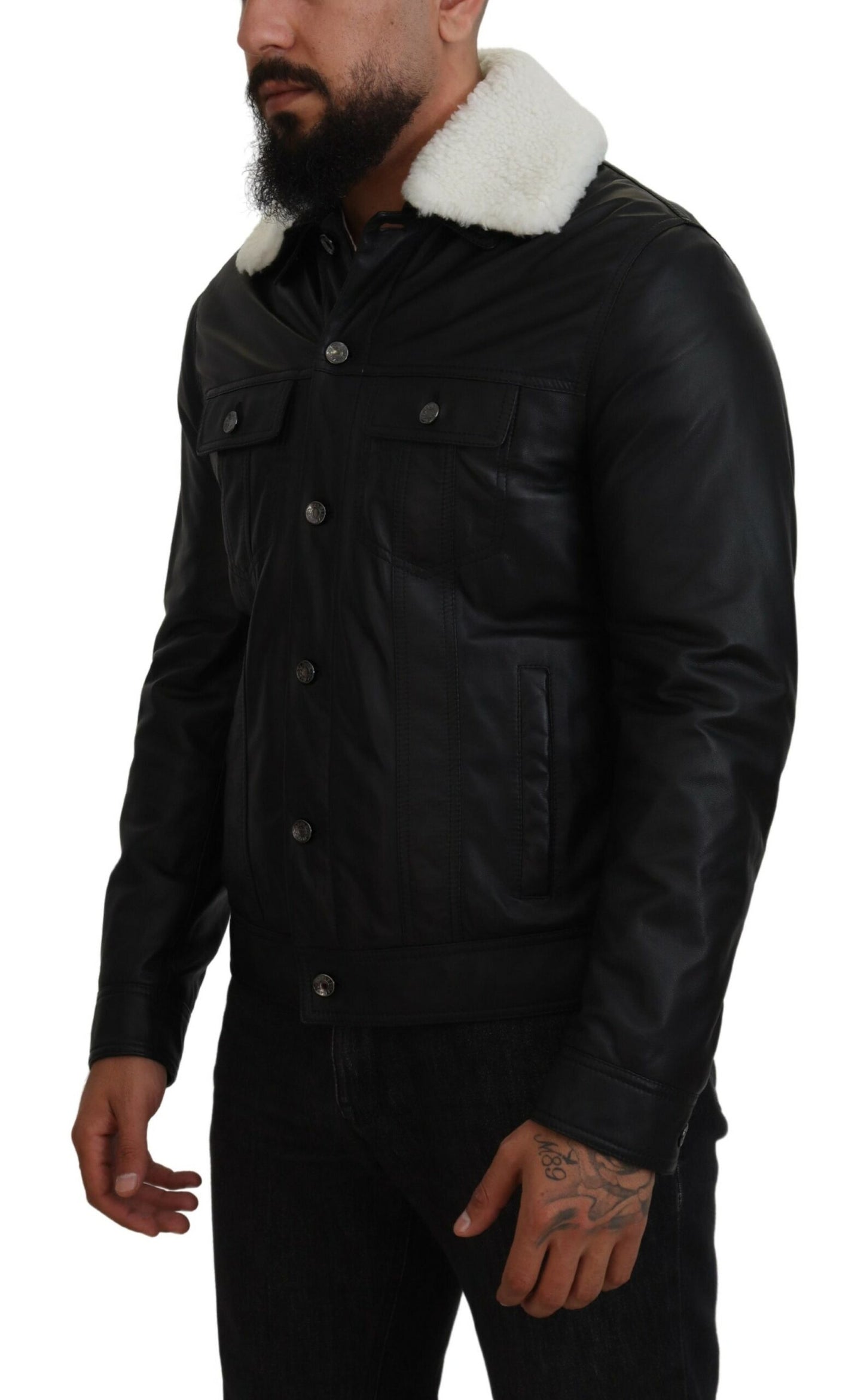 Dolce & Gabbana Black Lamb Leather Collared Men Coat Jacket Dolce & Gabbana