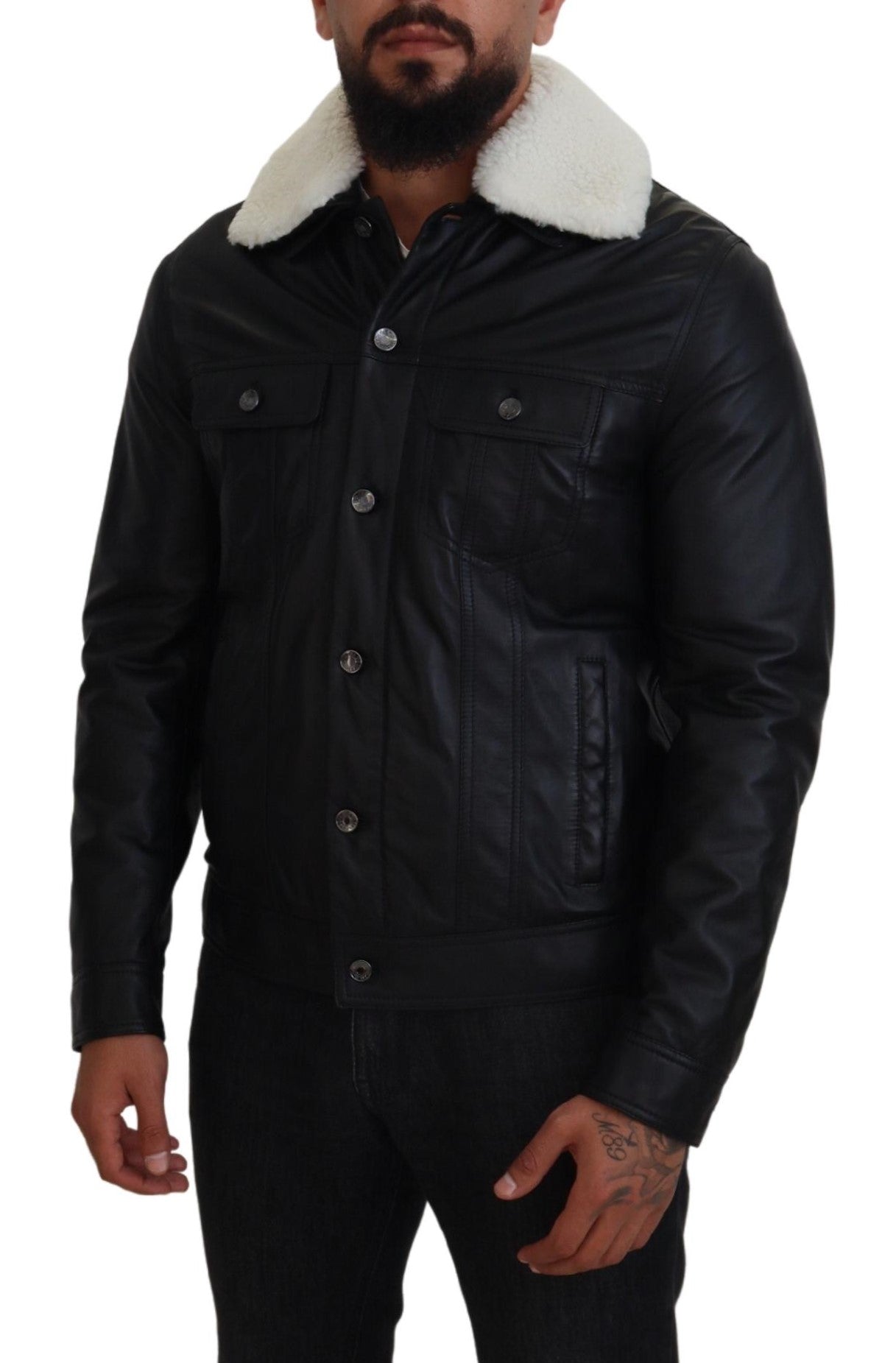 Dolce & Gabbana Black Lamb Leather Collared Men Coat Jacket Dolce & Gabbana