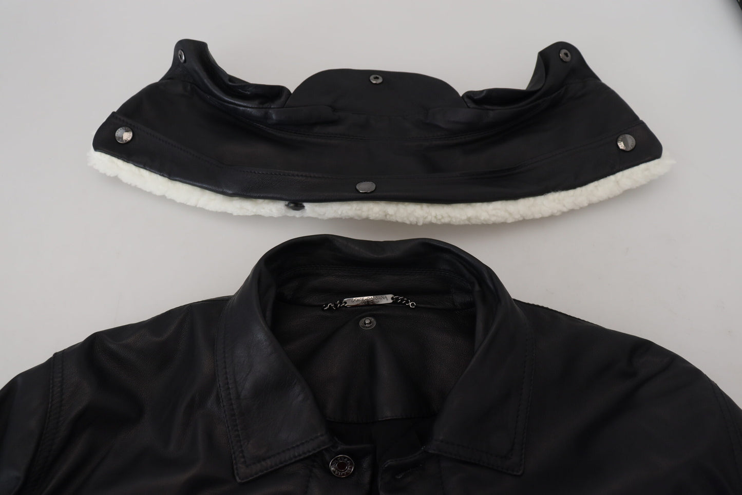 Dolce & Gabbana Black Lamb Leather Collared Men Coat Jacket Dolce & Gabbana