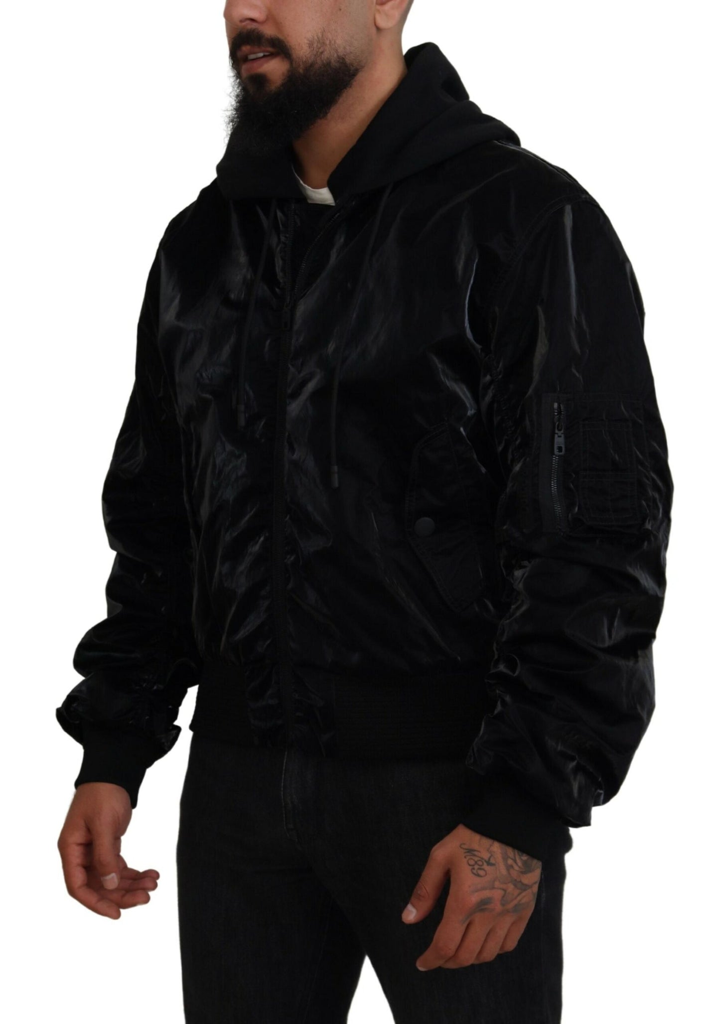 Dolce & Gabbana Black Nylon Hooded Full Zip Bomber Jacket Dolce & Gabbana