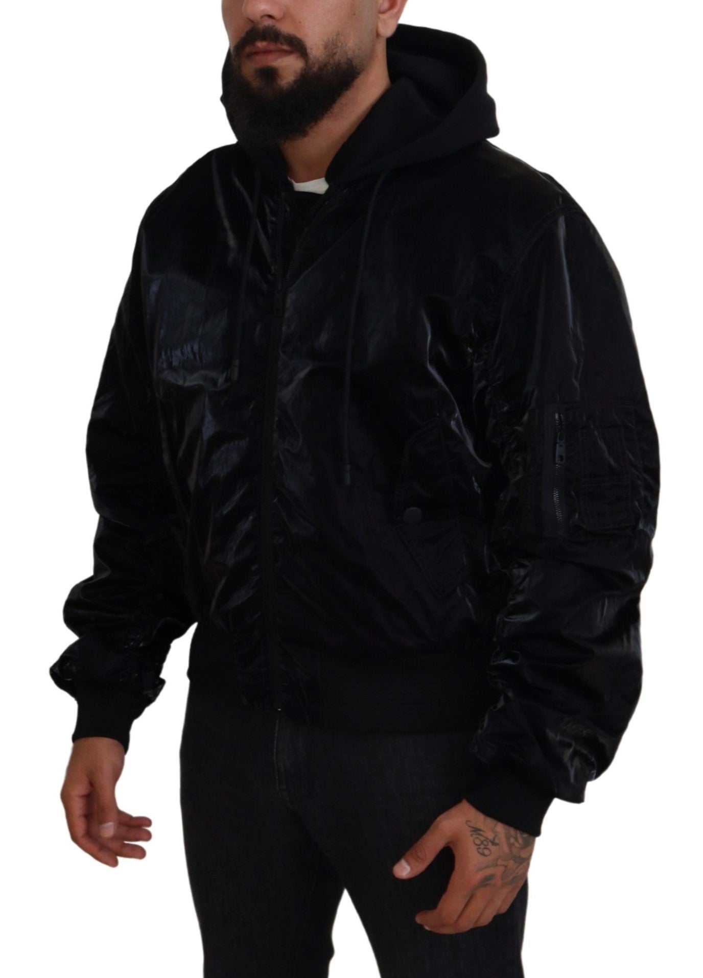 Dolce & Gabbana Black Nylon Hooded Full Zip Bomber Jacket Dolce & Gabbana