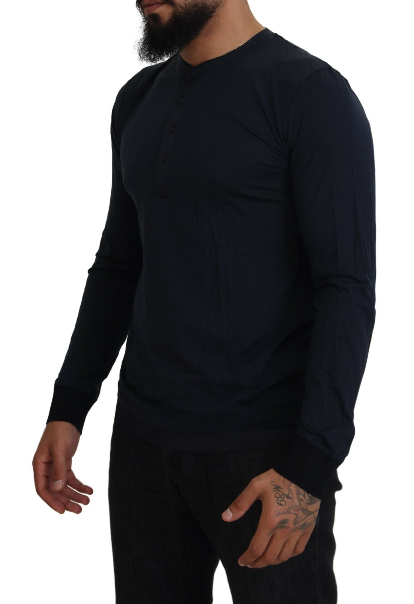 Dolce & Gabbana Blue Cotton Button Crewneck Pullover Sweater Dolce & Gabbana