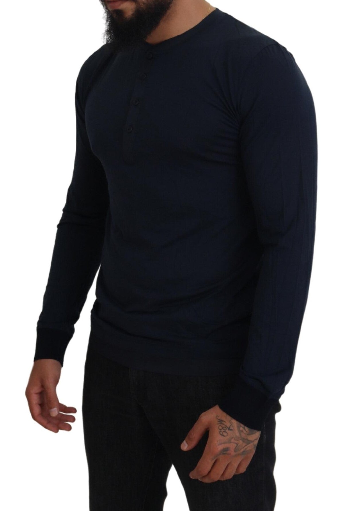 Dolce & Gabbana Blue Cotton Button Crewneck Pullover Sweater Dolce & Gabbana