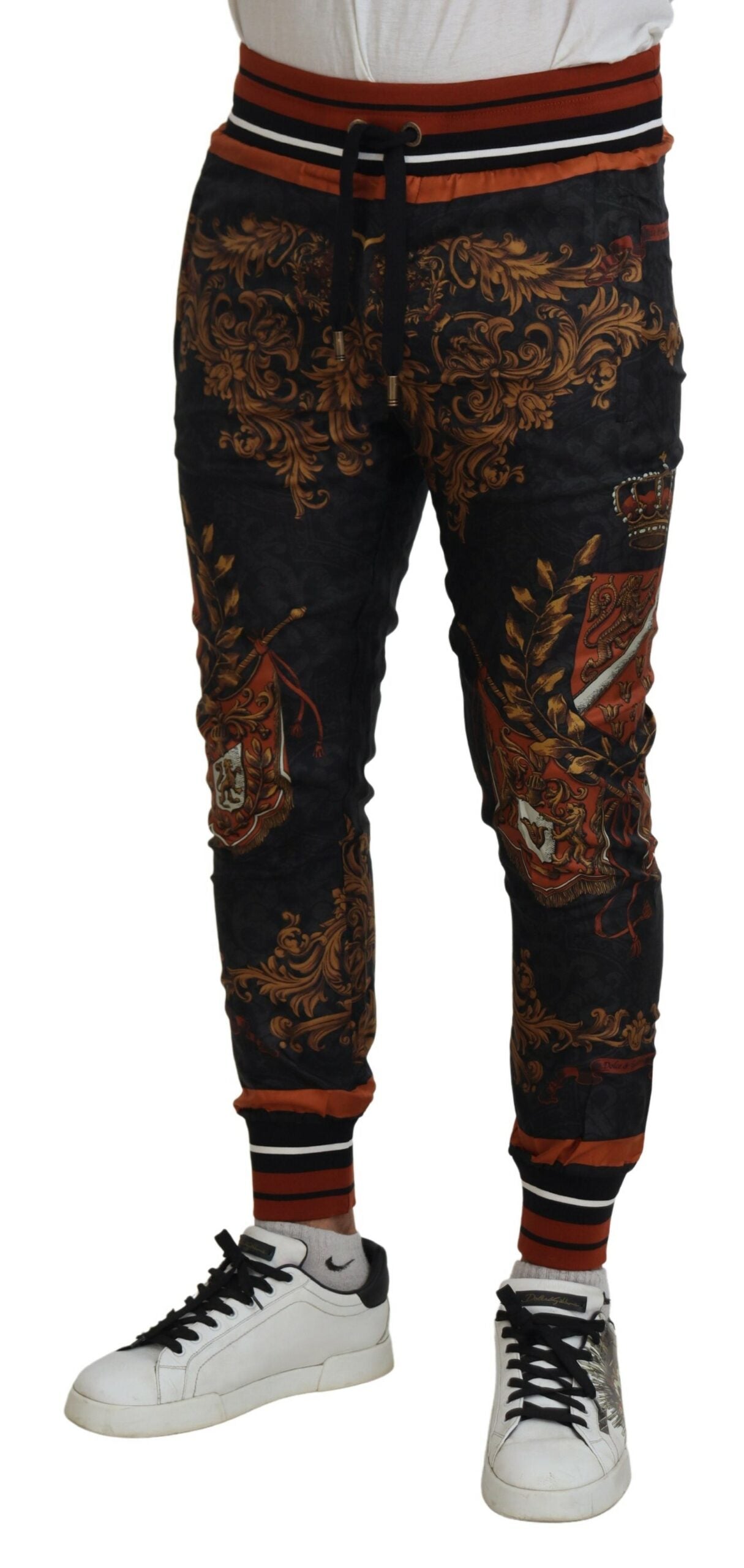 Dolce & Gabbana Gray Silk Baroque Crown Trousers Sport Pants Dolce & Gabbana