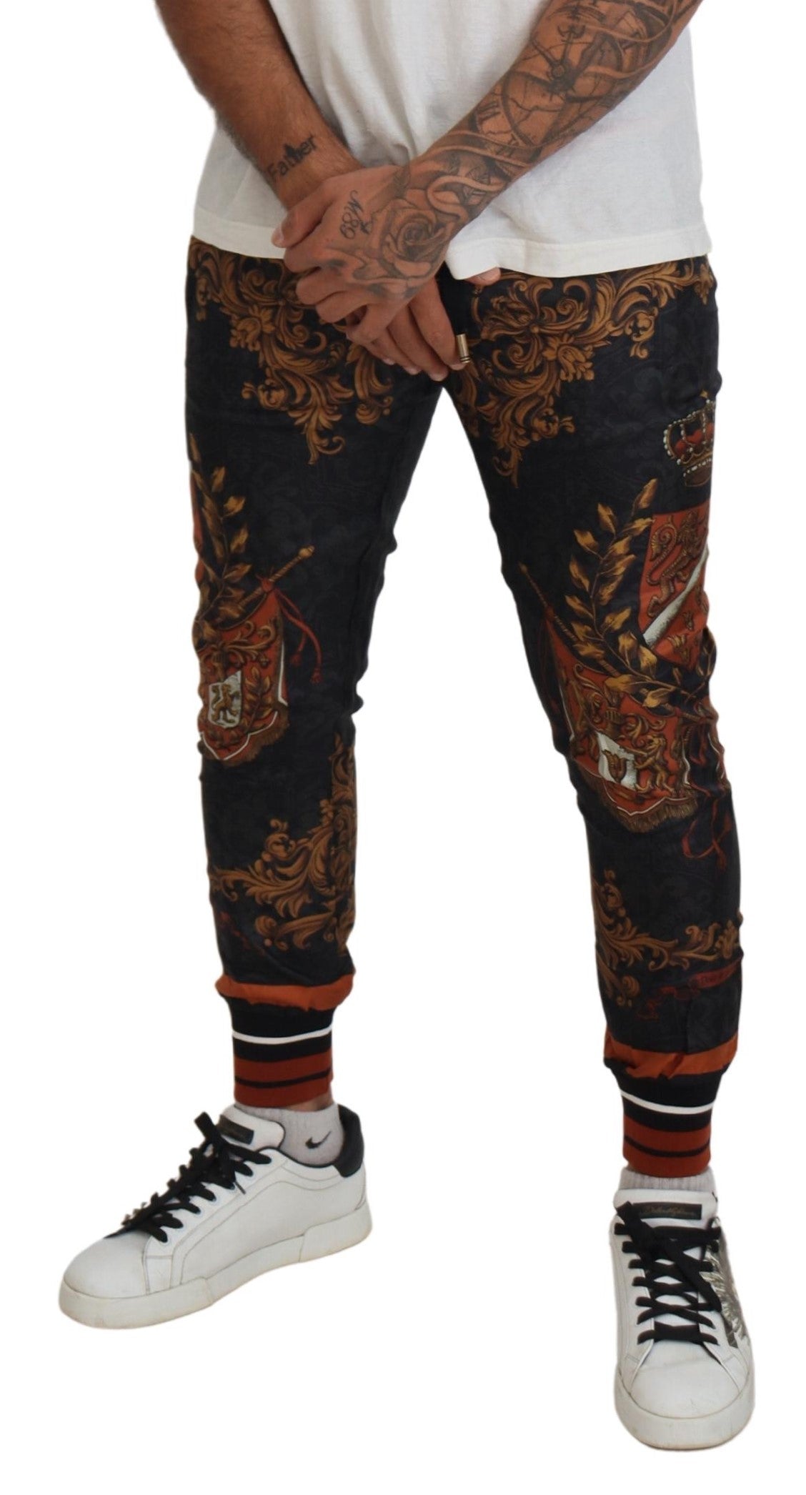 Dolce & Gabbana Gray Silk Baroque Crown Trousers Sport Pants Dolce & Gabbana