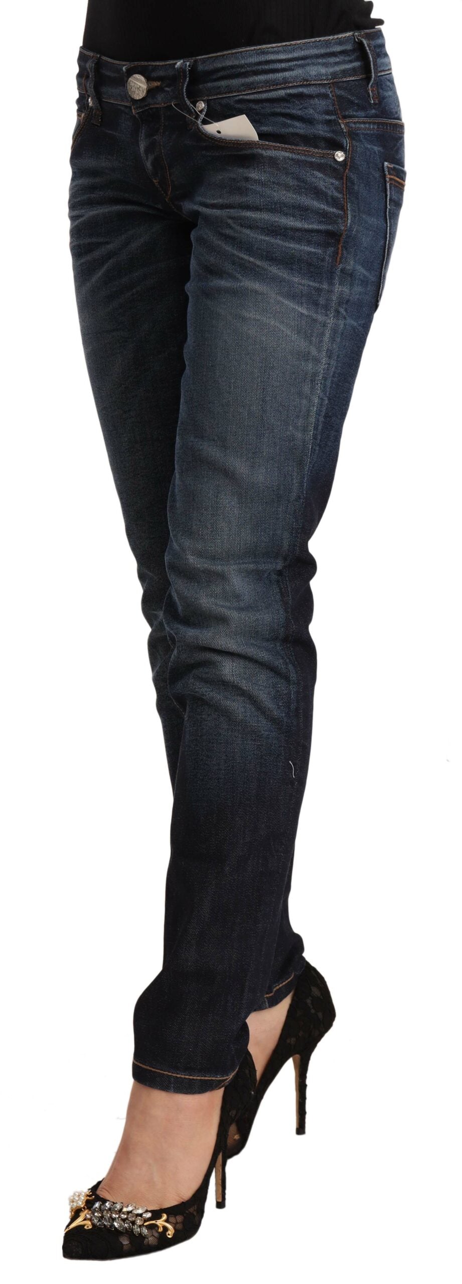 Acht Blue Washed Cotton Low Waist Skinny Denim Jeans Acht