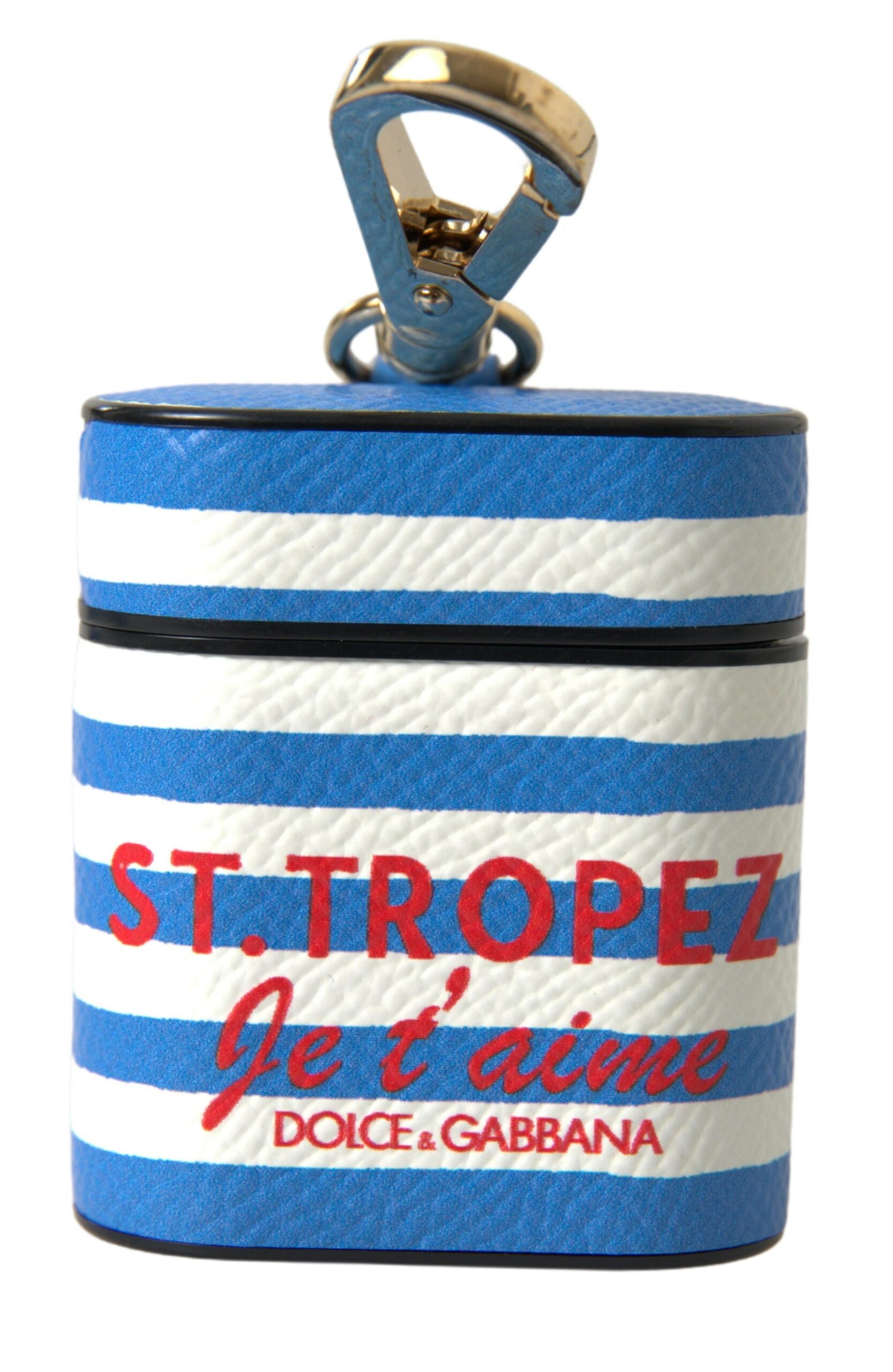 Dolce & Gabbana Blue Stripe Dauphine Leather Logo Print Airpod Case Dolce & Gabbana