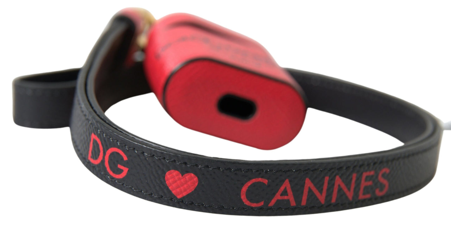 Dolce & Gabbana Red Black Calf Leather Logo Print Strap Airpods Case Dolce & Gabbana
