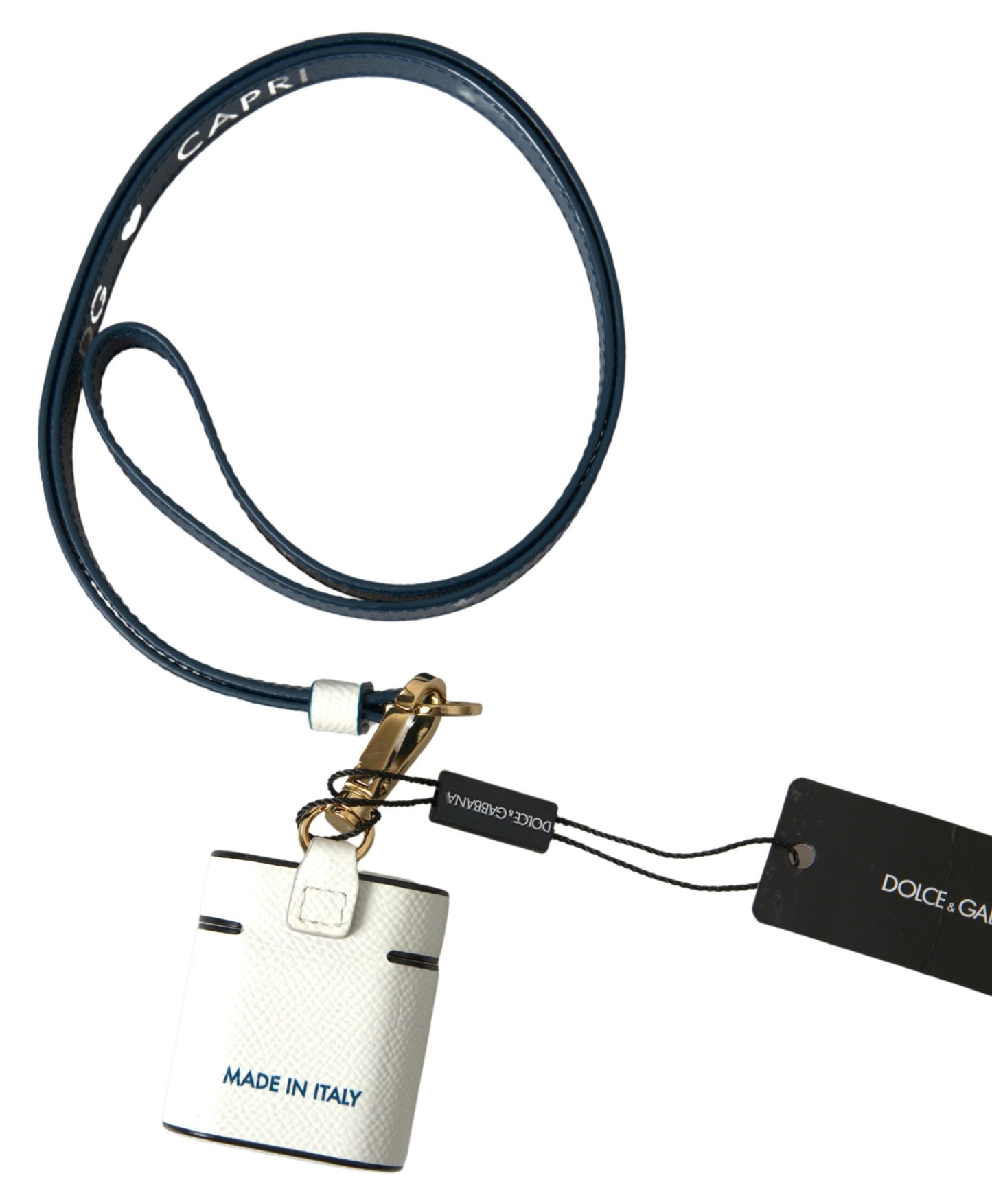 Dolce & Gabbana White Blue Calf Leather Logo Print Strap Airpods Case Dolce & Gabbana