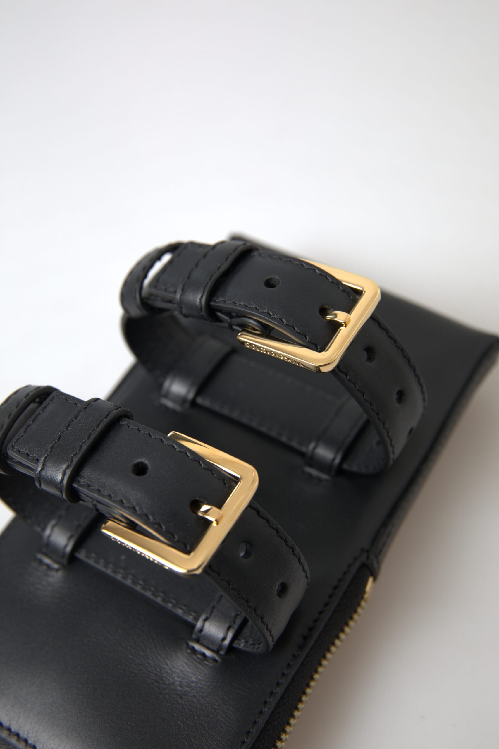 Dolce & Gabbana Black Leather Men Purse Double Belt Strap Bracelet Bag Dolce & Gabbana