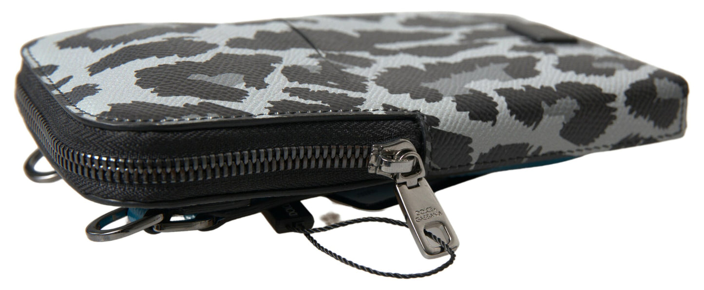 Dolce & Gabbana Gray Leopard Leather Men Purse Crossbody Sling Phone Bag Dolce & Gabbana