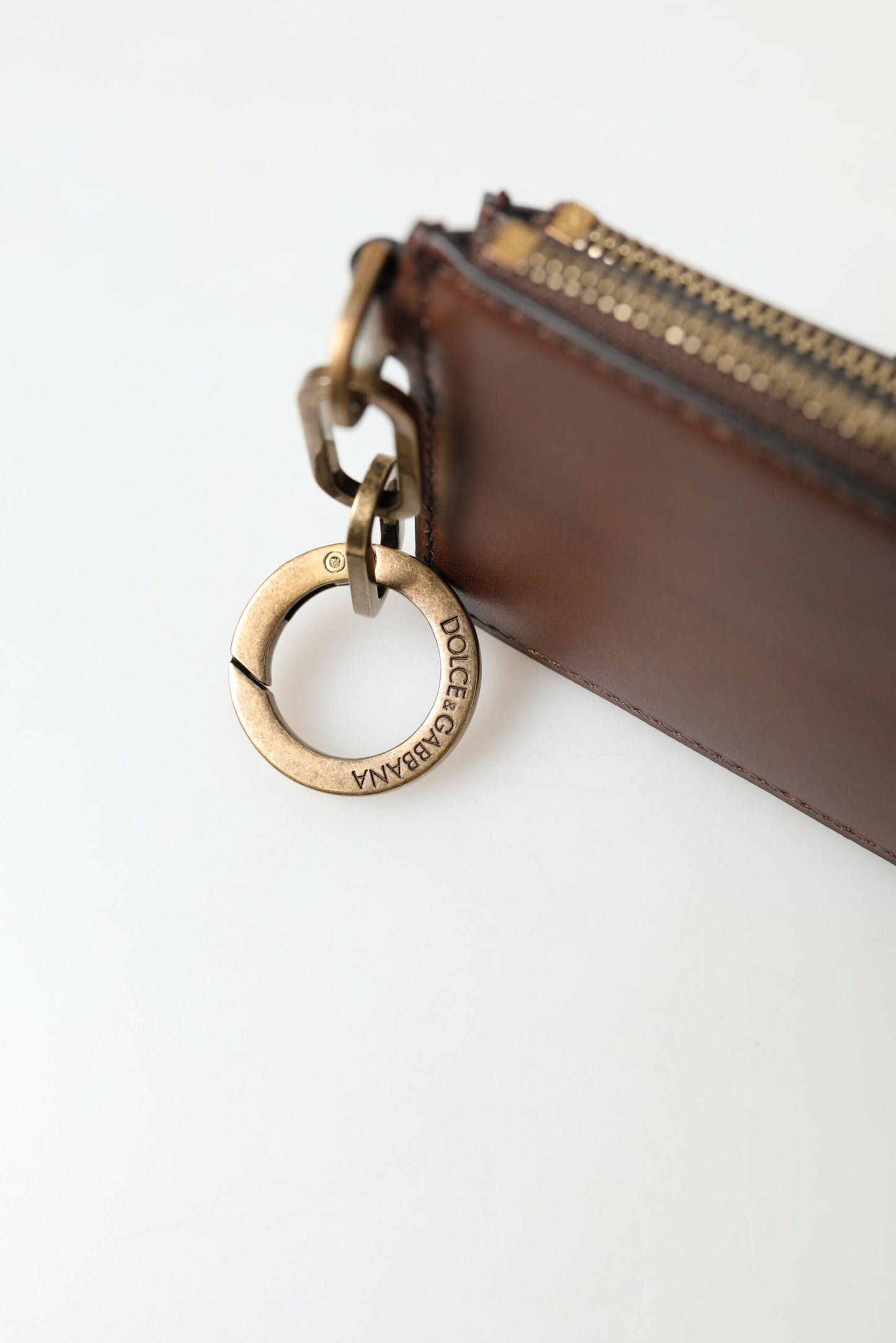 Dolce & Gabbana Brown Leather Zip Logo Keyring Coin Purse Wallet Dolce & Gabbana