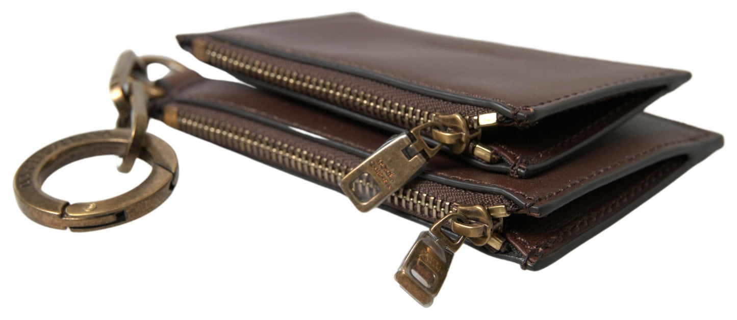 Dolce & Gabbana Brown Leather Zip Logo Keyring Coin Purse Wallet Dolce & Gabbana