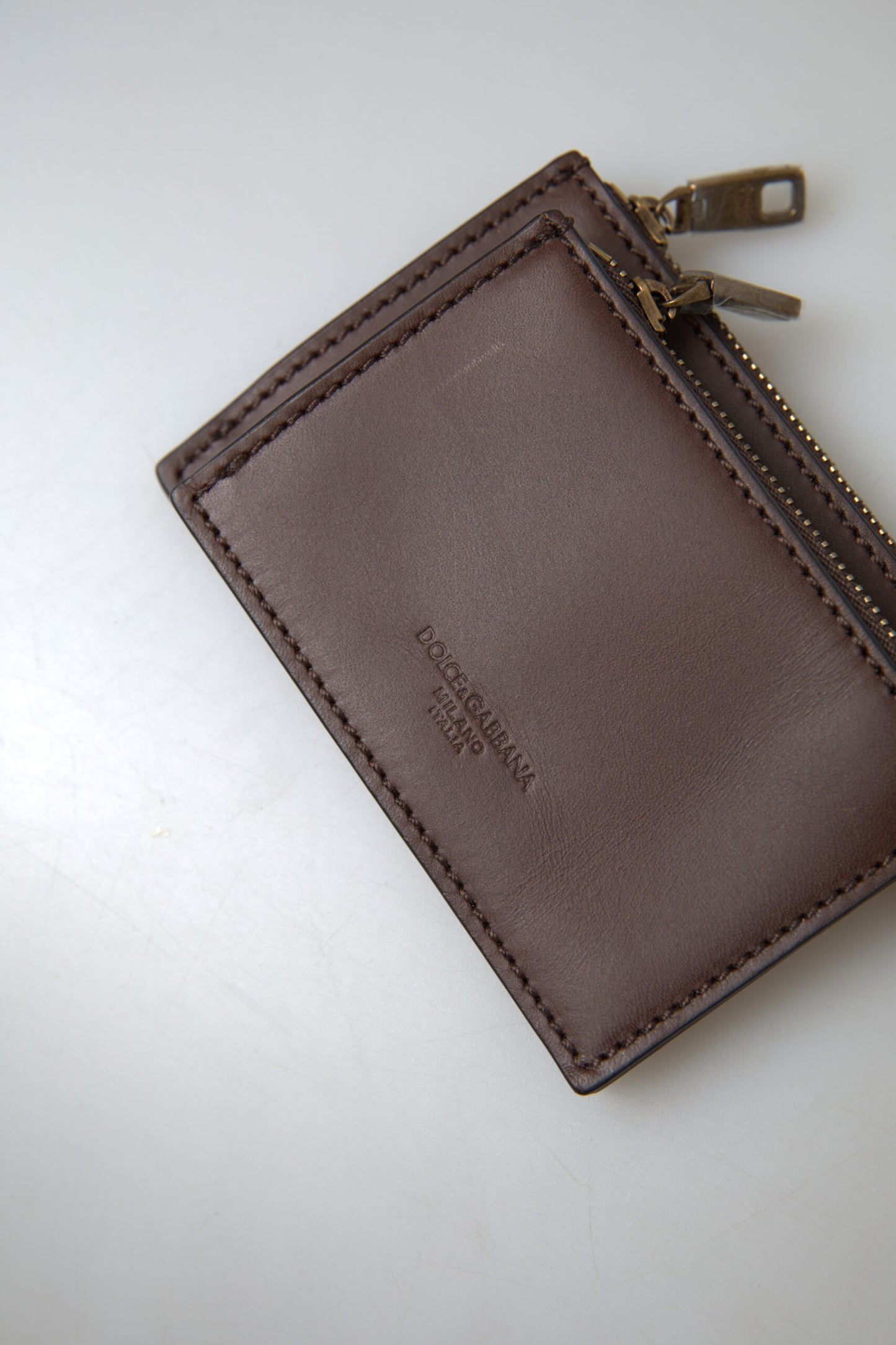 Dolce & Gabbana Brown Leather Zip Logo Keyring Coin Purse Wallet Dolce & Gabbana