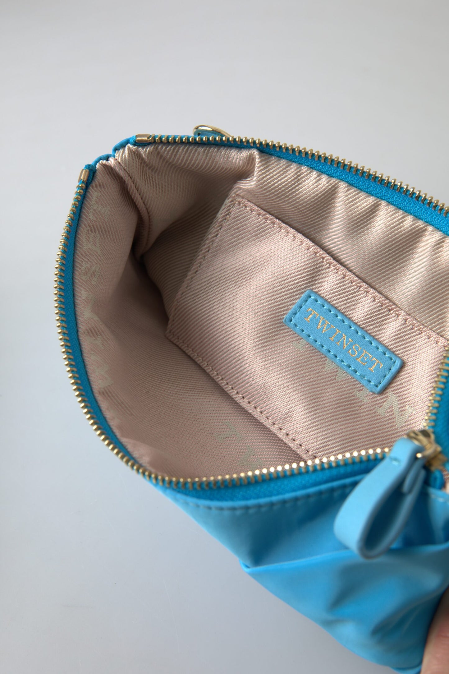 Twinset Blue Tafta Silk Large Bow Zipper Clutch Women Borse Logo Bag Twinset