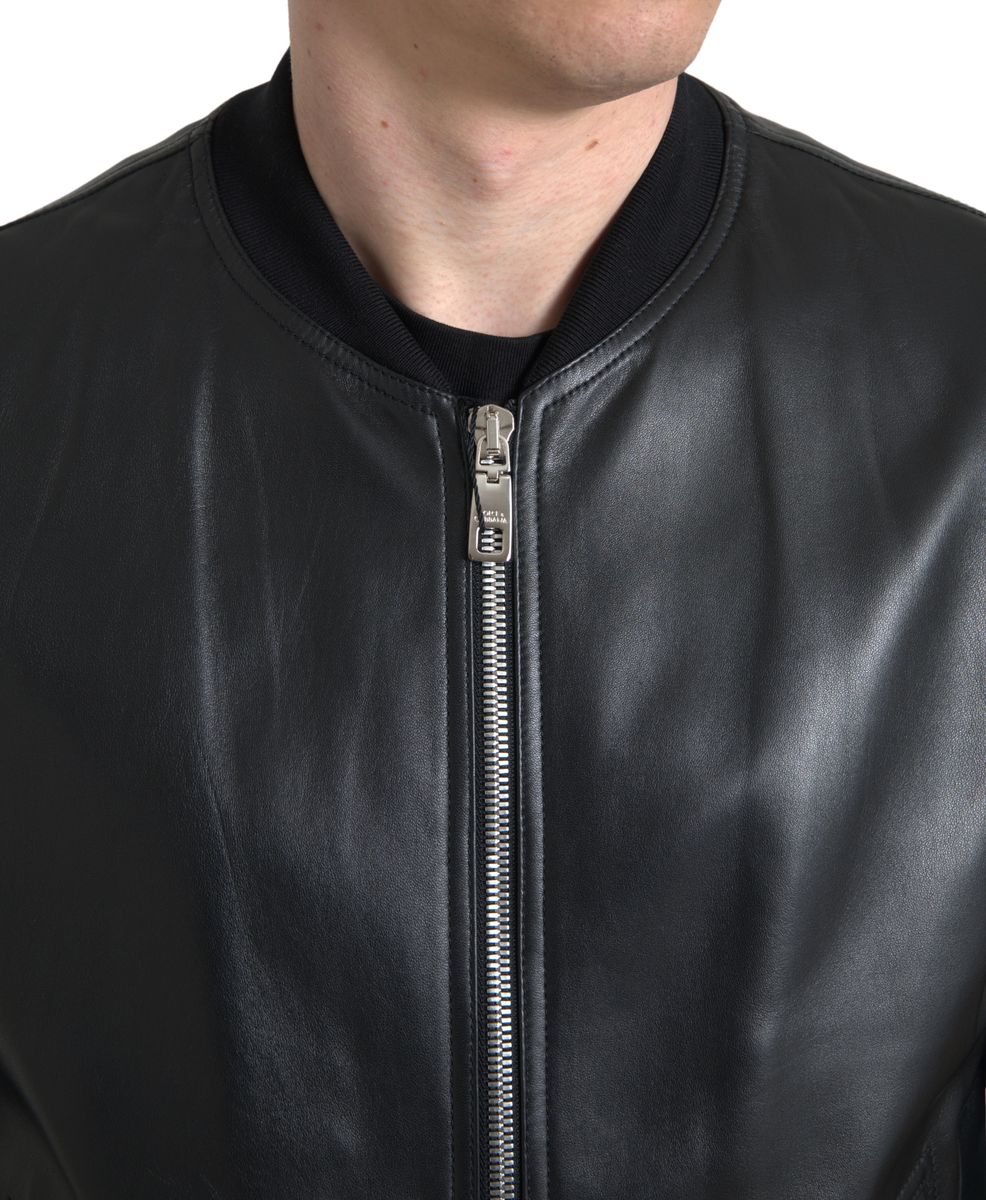 Dolce & Gabbana Black Leather Full Zip Bomber Men Jacket Dolce & Gabbana