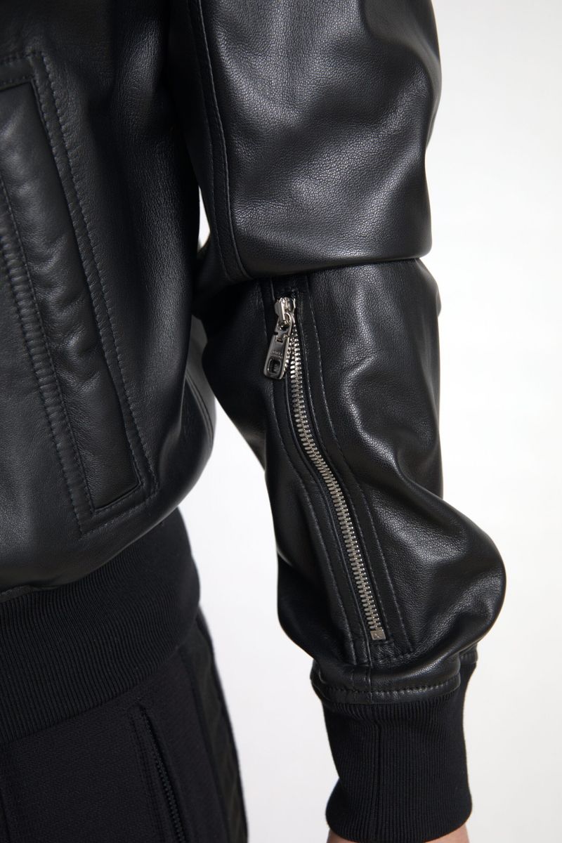 Dolce & Gabbana Black Leather Full Zip Bomber Men Jacket Dolce & Gabbana