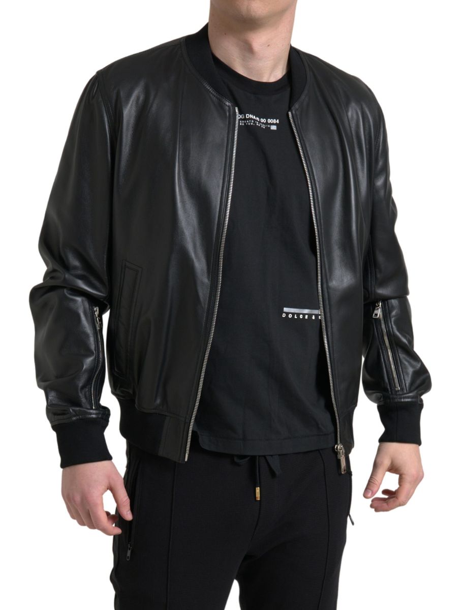 Dolce & Gabbana Black Leather Full Zip Bomber Men Jacket Dolce & Gabbana