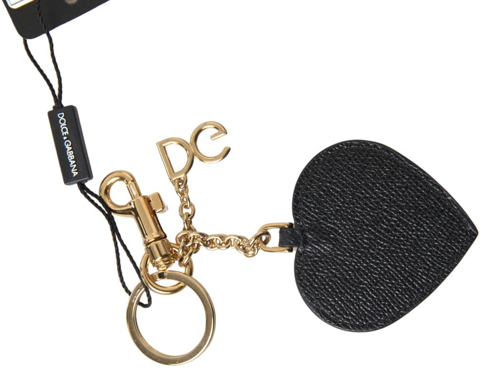 Dolce & Gabbana Black Fuchsia Heart Leather Gold Metal Keyring Keychain Dolce & Gabbana