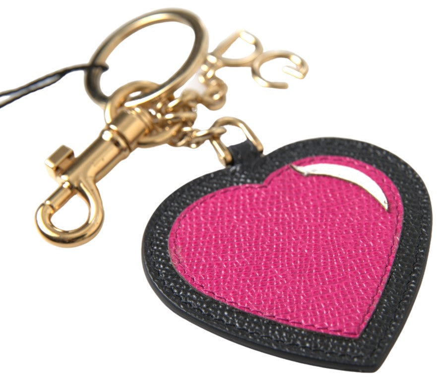 Dolce & Gabbana Black Fuchsia Heart Leather Gold Metal Keyring Keychain Dolce & Gabbana